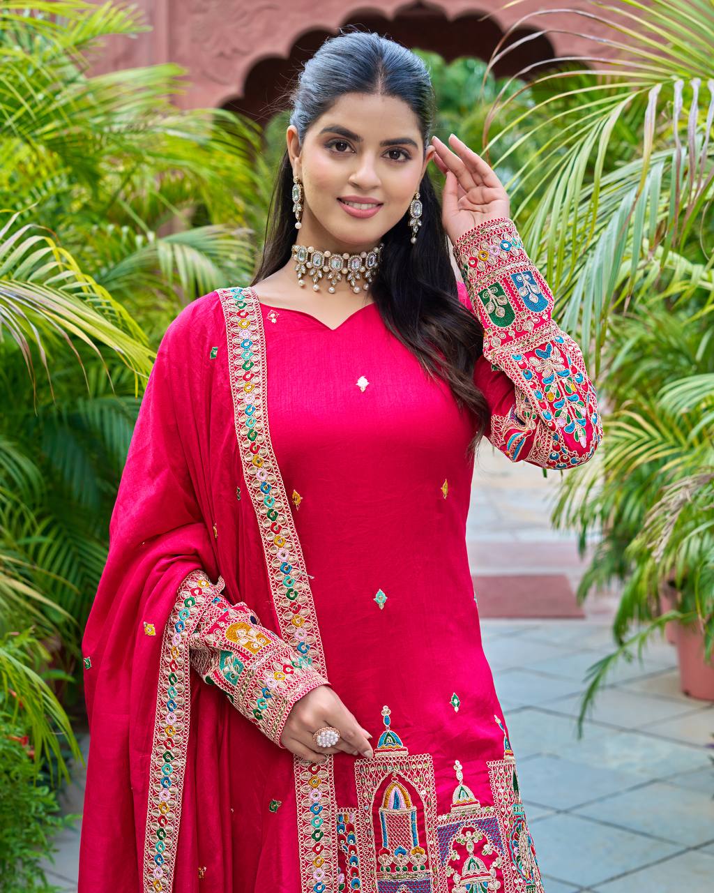 Pink chinon silk sharara suit