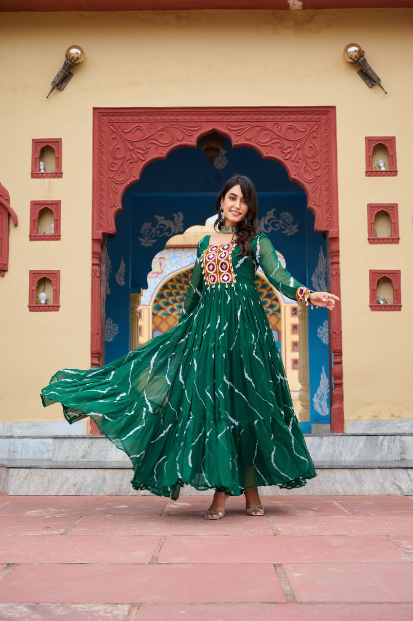 Green color leheriya printed gown price