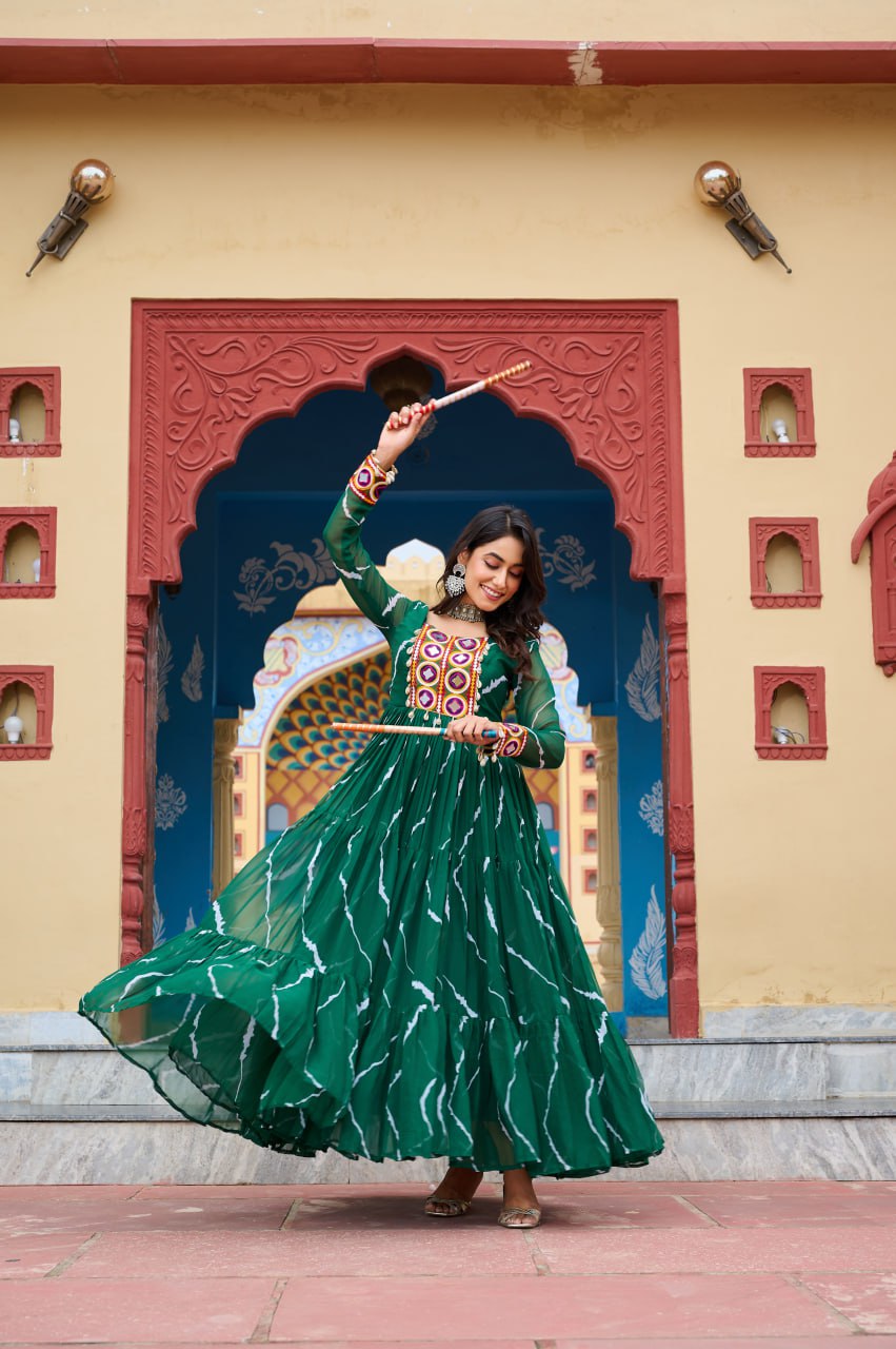 Green color kutchi work long gown UK