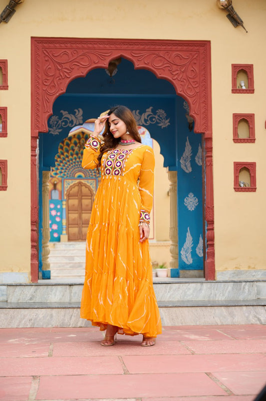 Yellow color georgette gown for garba