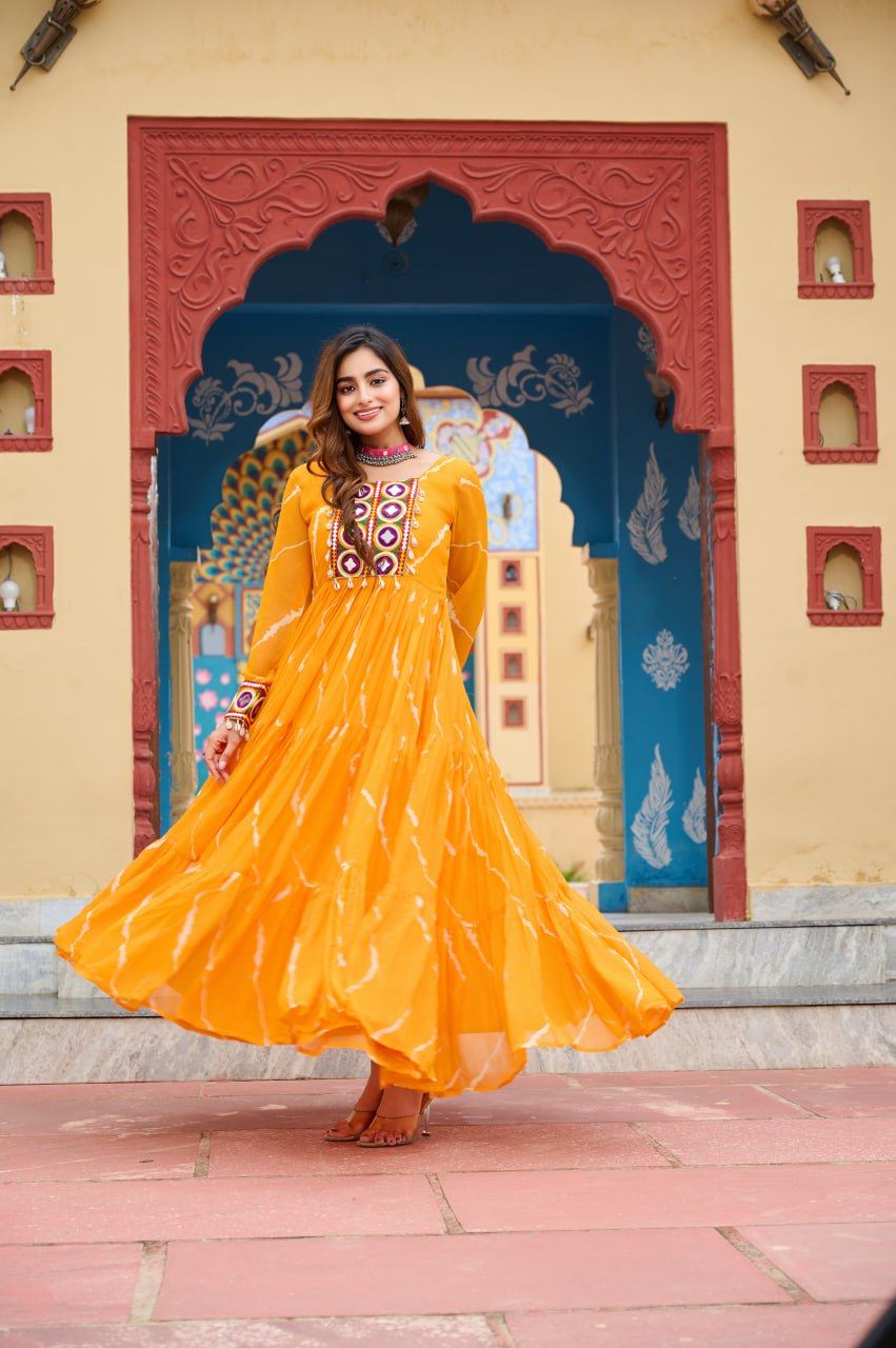 Yellow color gamthi work Gown