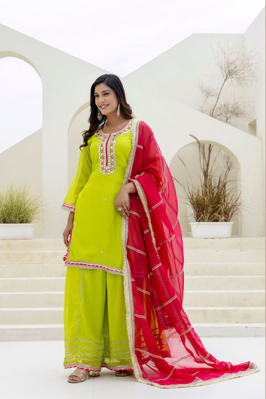 Parrot color organza sharara suit for women with dupatta