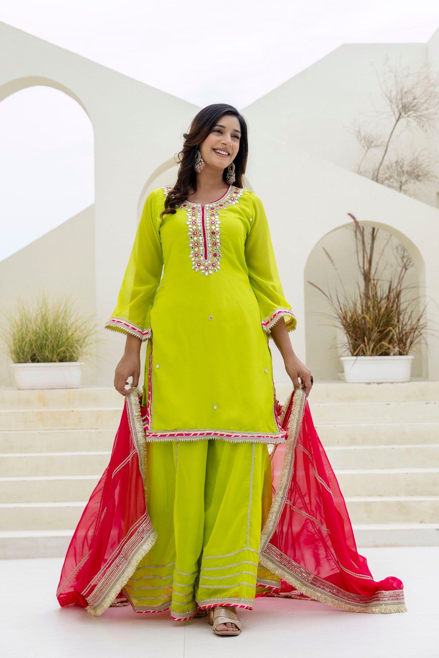 Parrot color organza sharara suit for women price