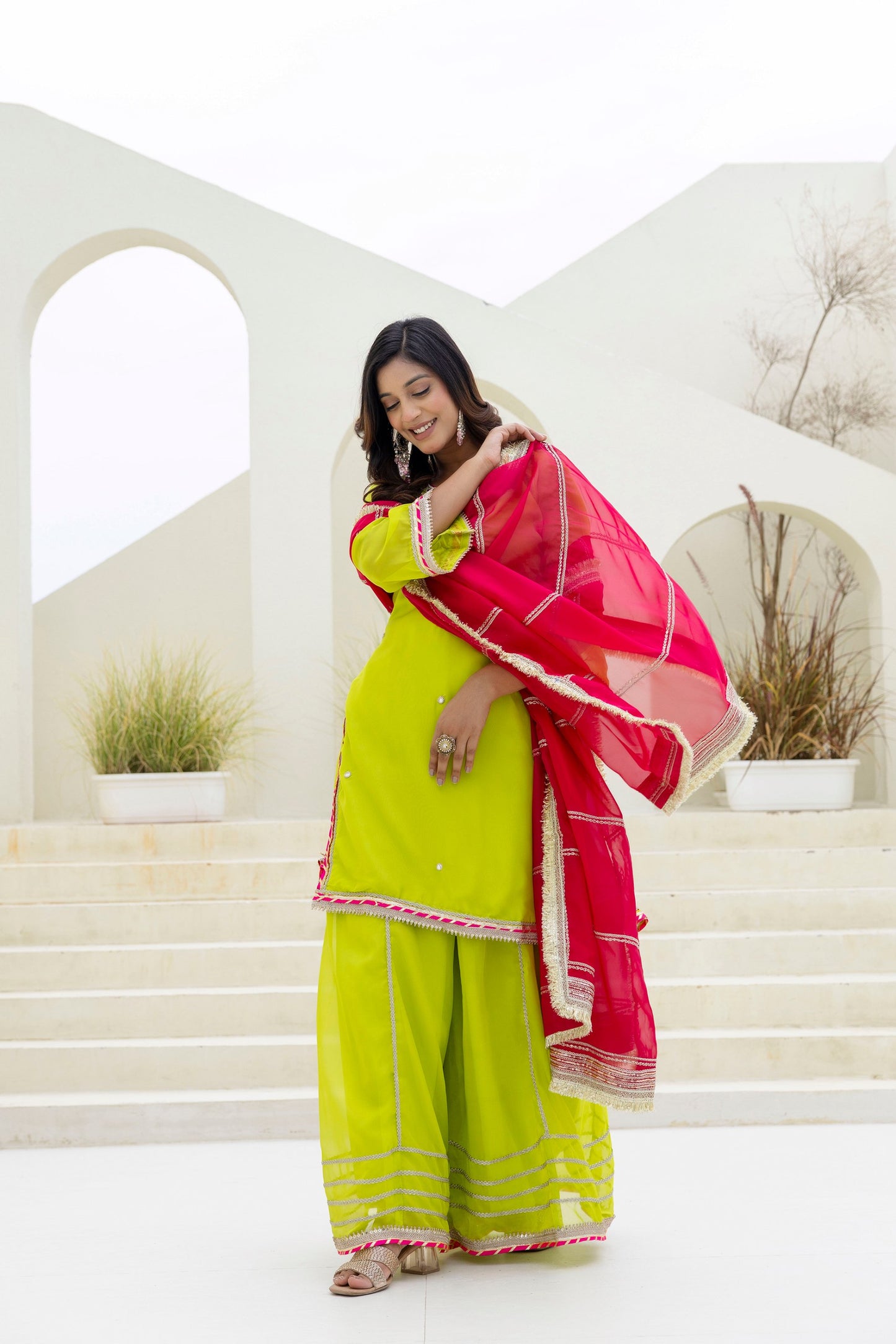 Party wear Parrot color sharara suit with dupatta