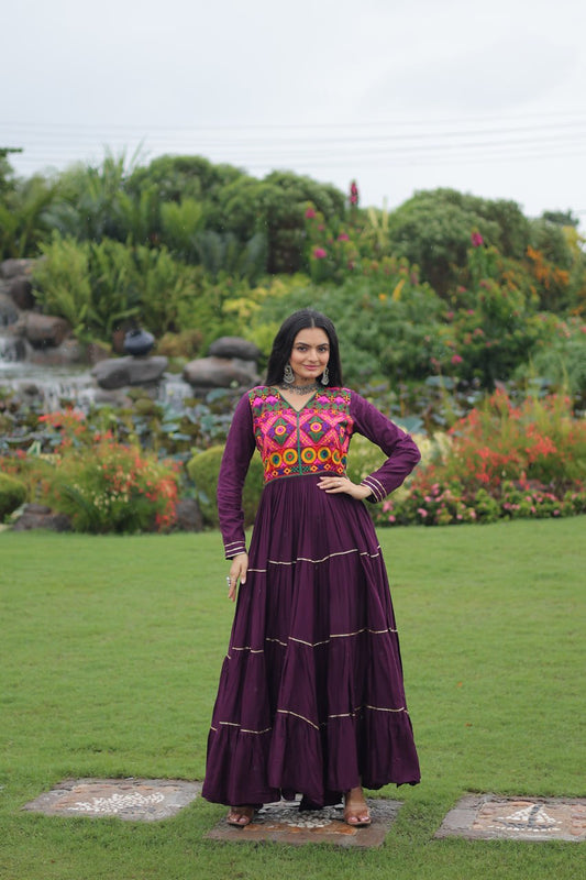 Wine color rayon readymade gown with price