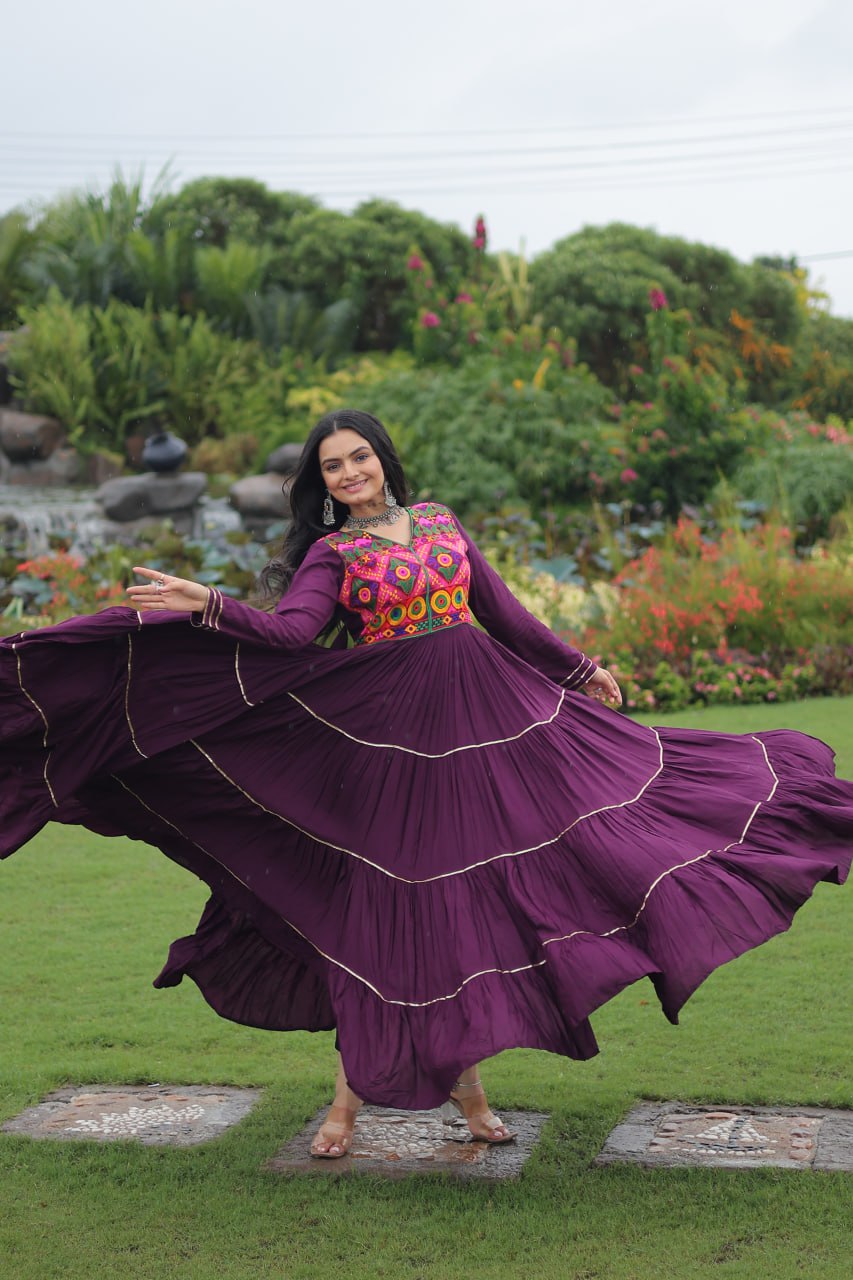 Wine color stitched kutchi work gown