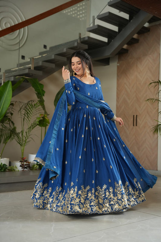 Blue color embroidery work anarkali gown
