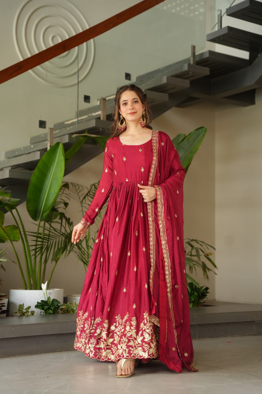 Red color chinon gown