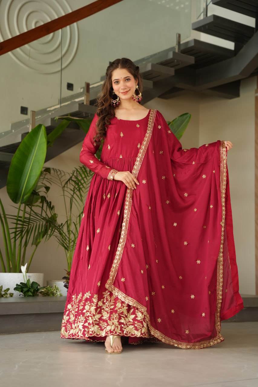 Long sleeves red chinon gown with dupatta