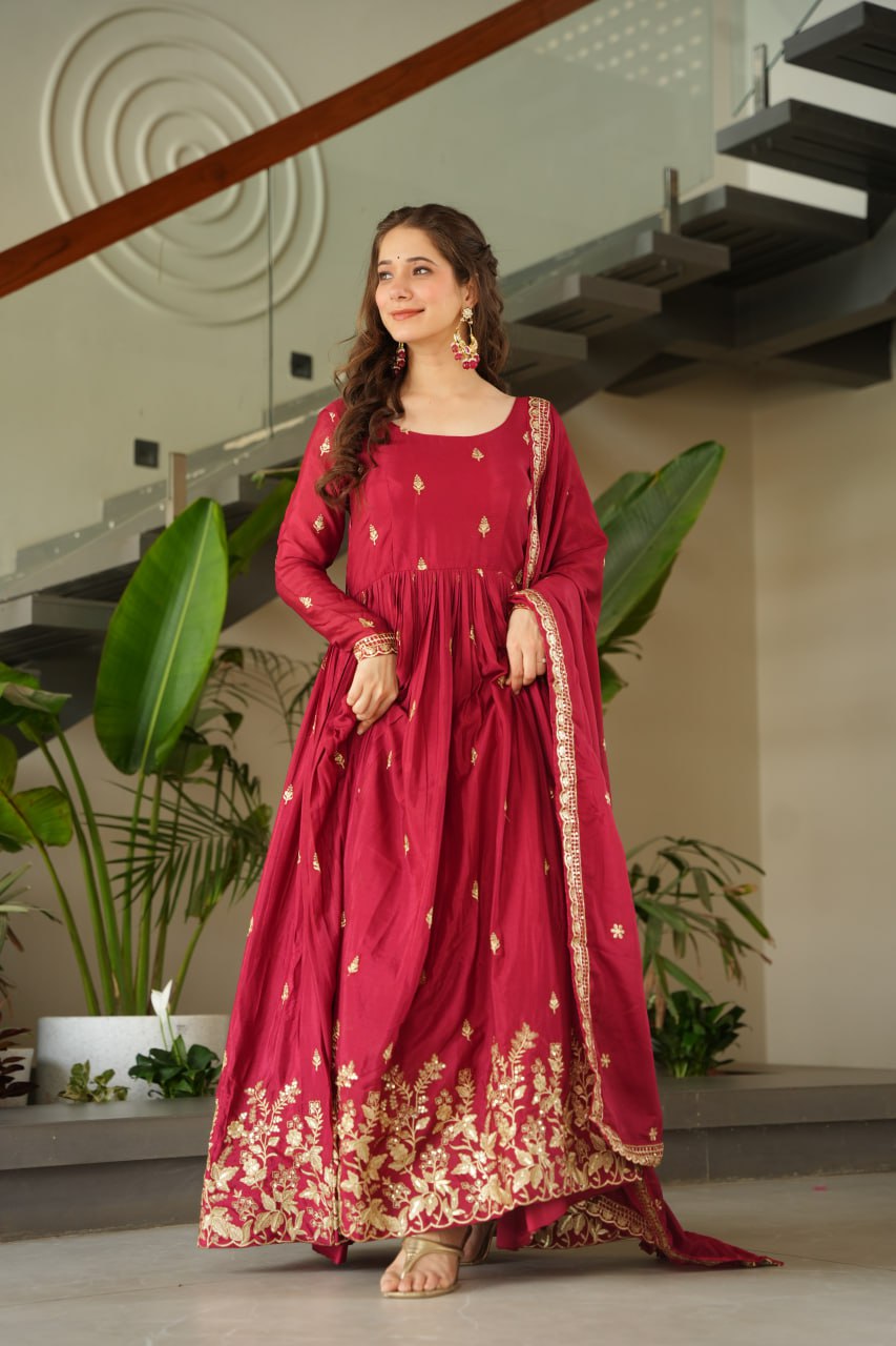 Red color embroidery work gown with online