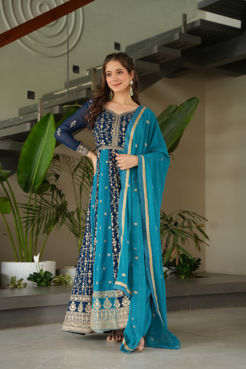 Long sleeve teal color gown for women