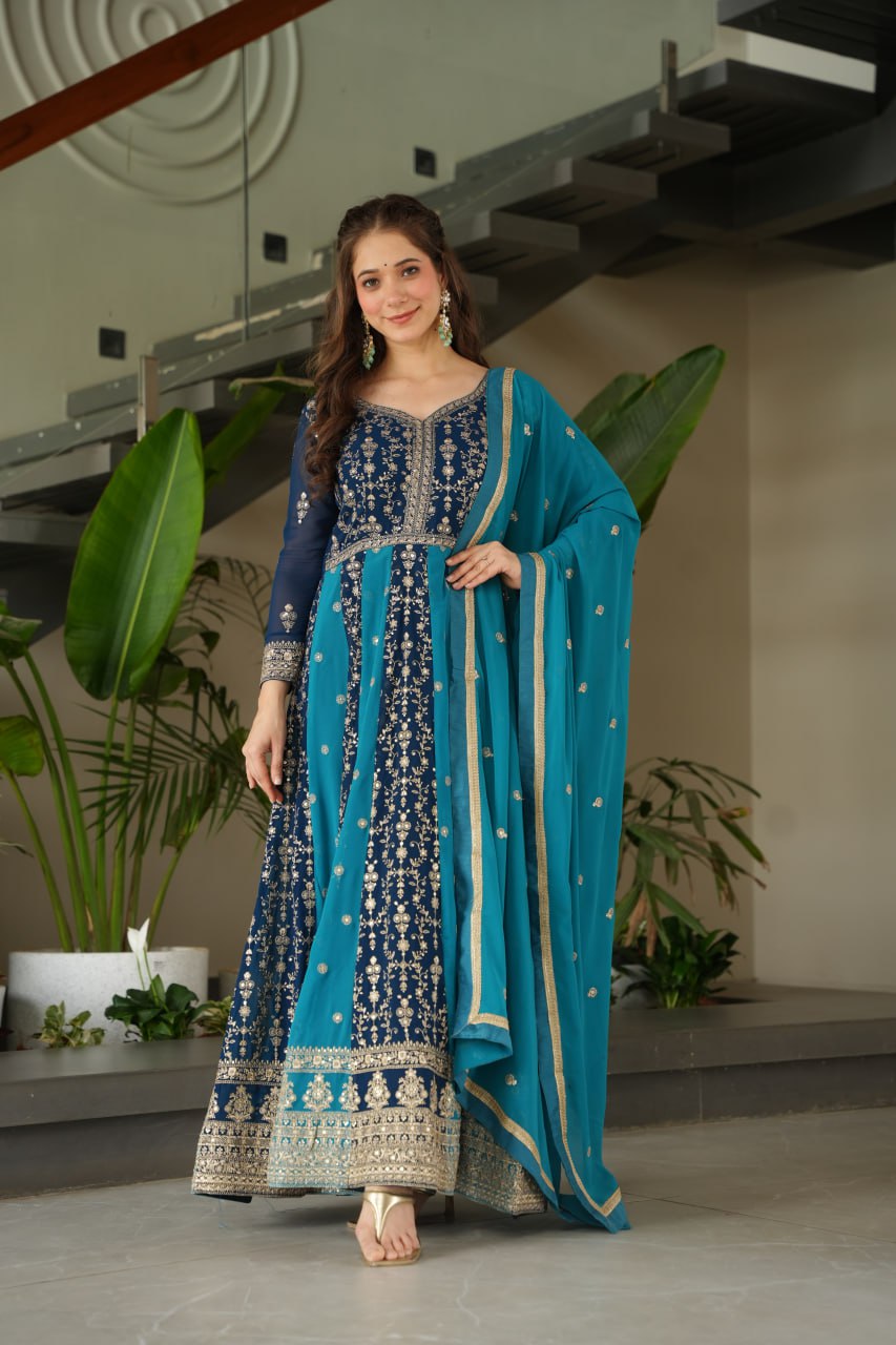 Long teal color gown for women