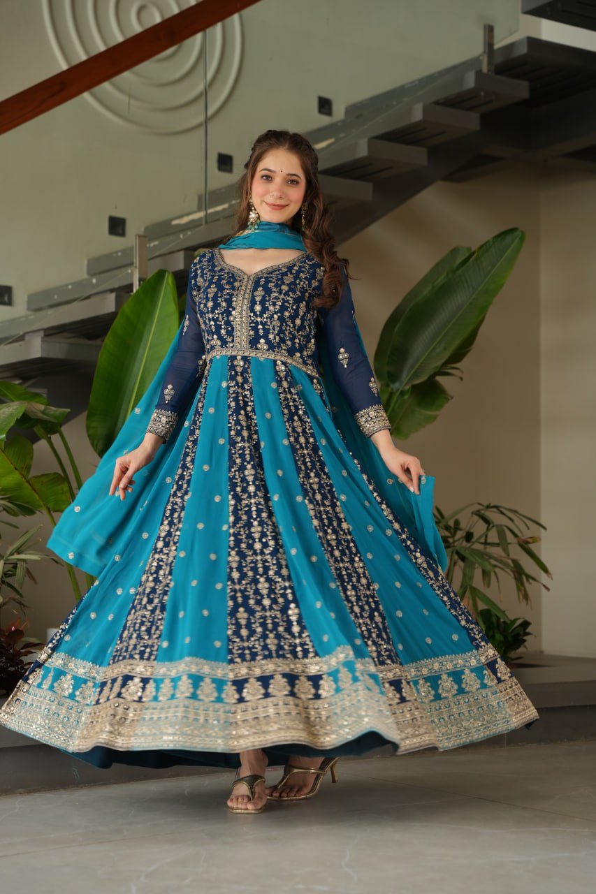 Teal color readymade gown with dupatta in USA