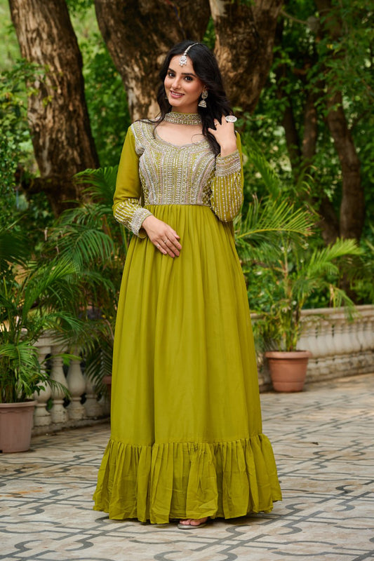Long green color georgette gown for women