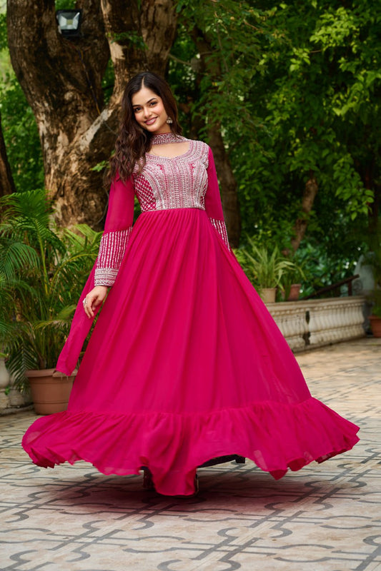 Pink color georgette gown with dupatta