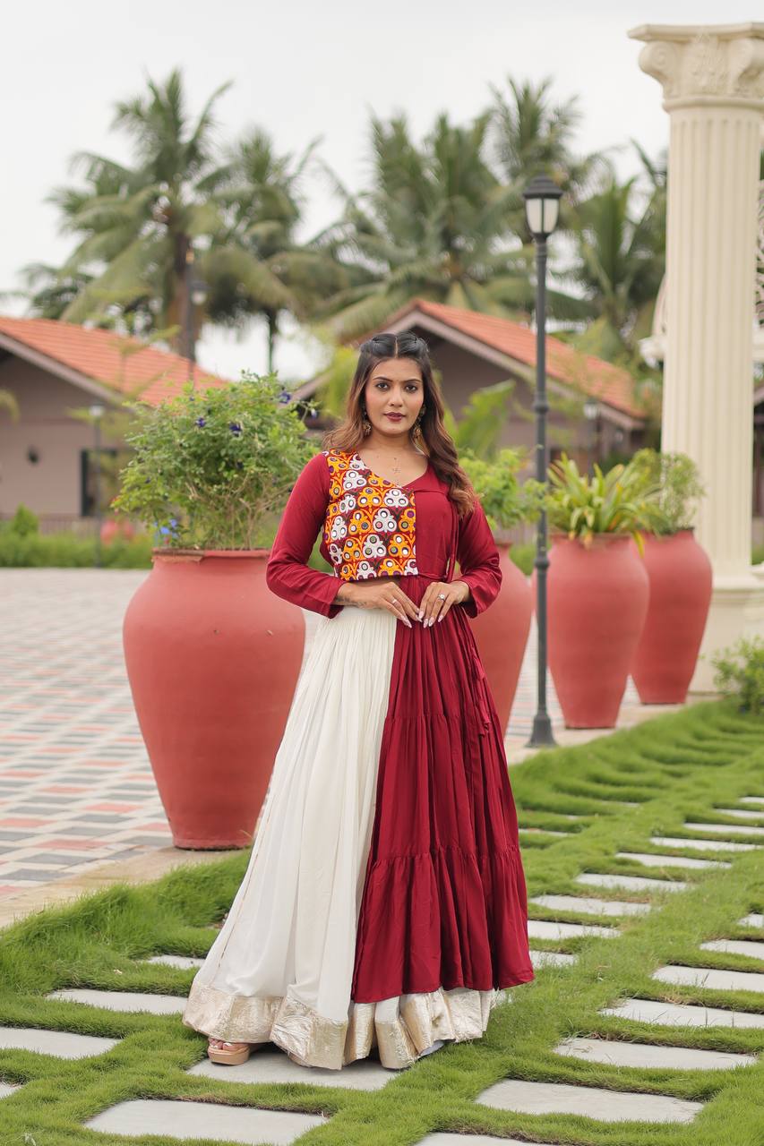 Maroon gamthi work lehenga with top
