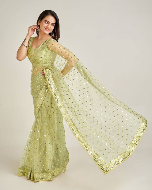 Green color net sequins work saree