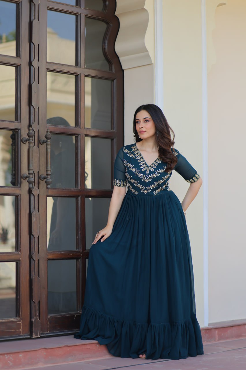 V-neck rama embroidery work gown