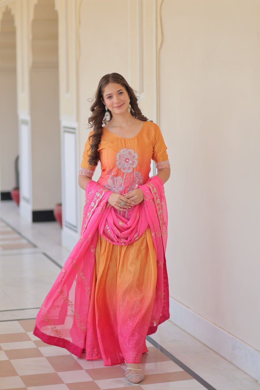 Pink color chinon sharara suit with dupatta in USA