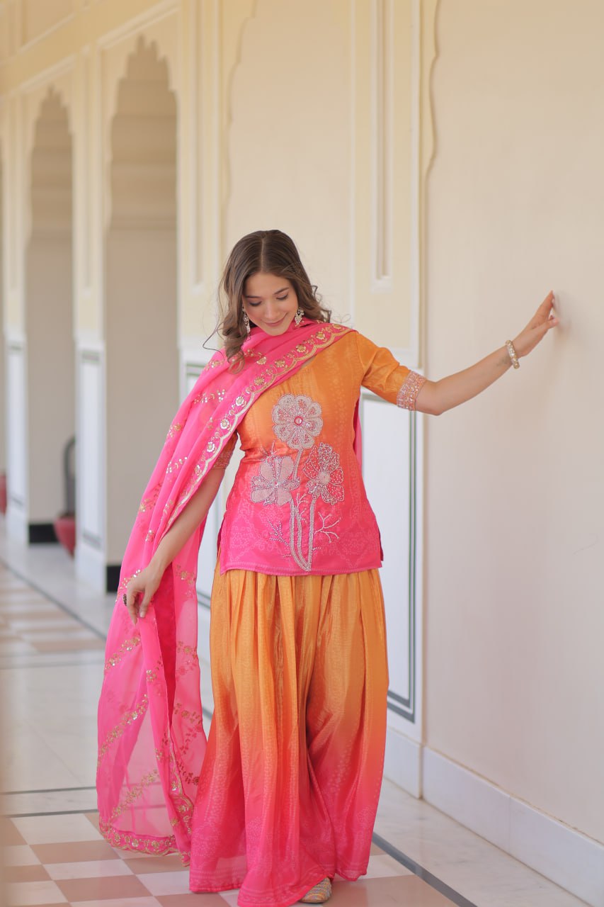 Yellow and pink sharara suit for party