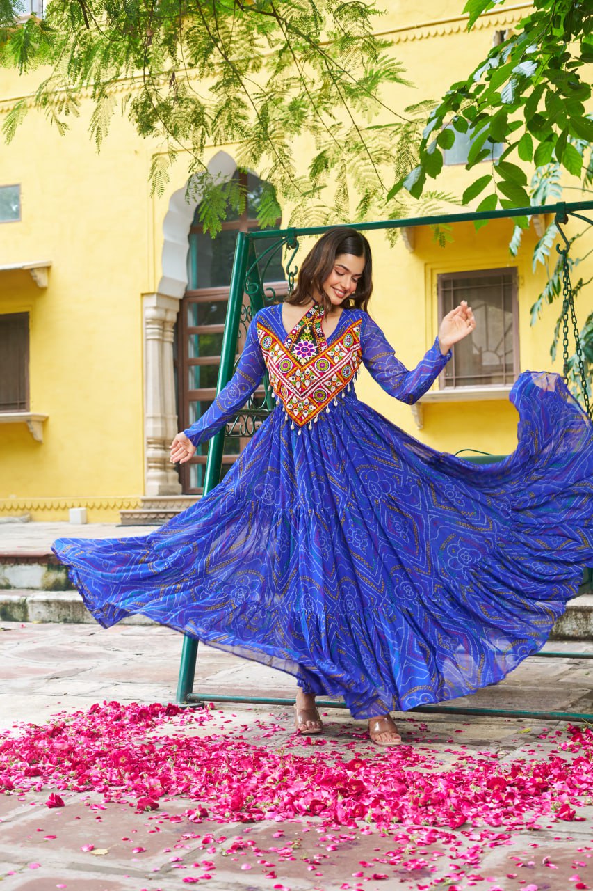 Blue color gamthi work gown