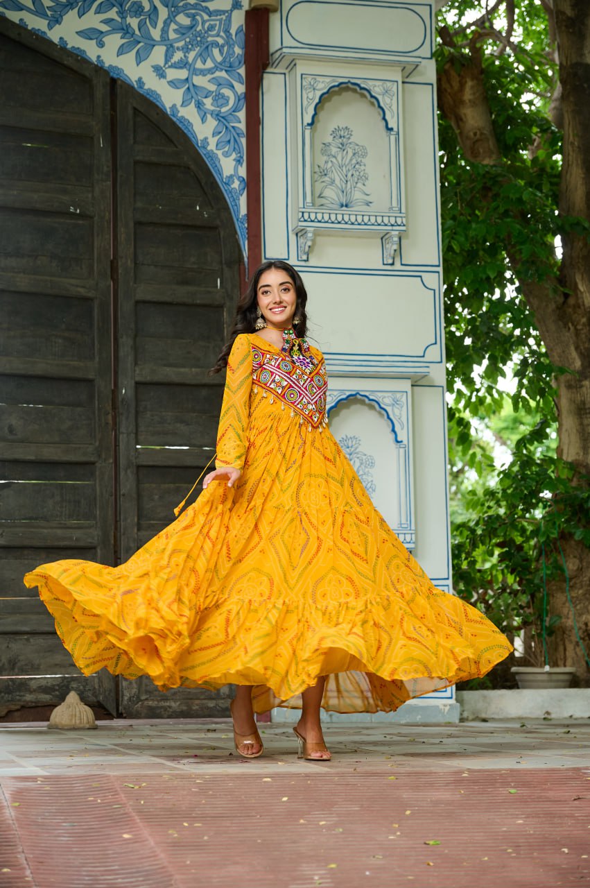 Yellow color gorgette gown for navratri