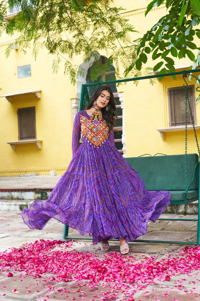 Purple kutchi work gown for dandiya night