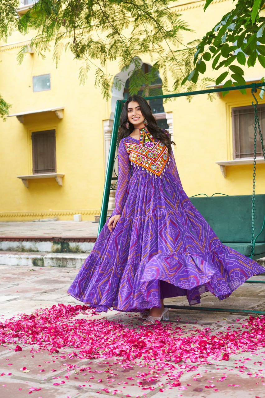 Purple bandhani printed gown with price