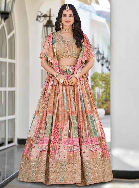Beige color chinon silk lehenga