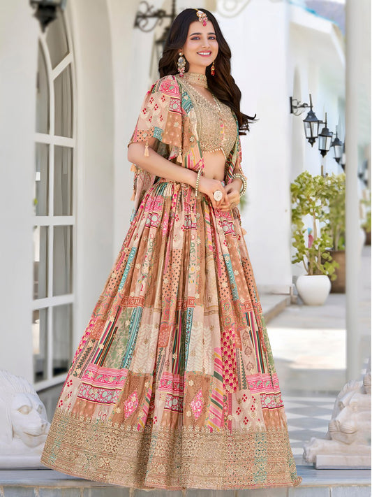 Beige color chinon silk lehenga choli with dupatta