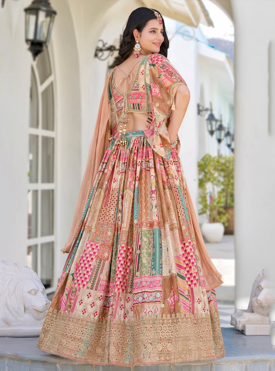Beige color embroidery work lehenga