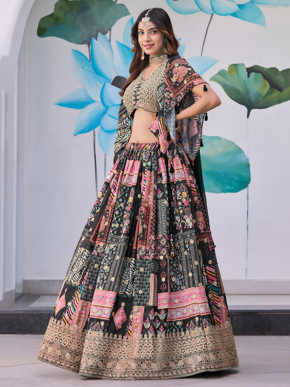 Black chinon silk lehenga choli for women