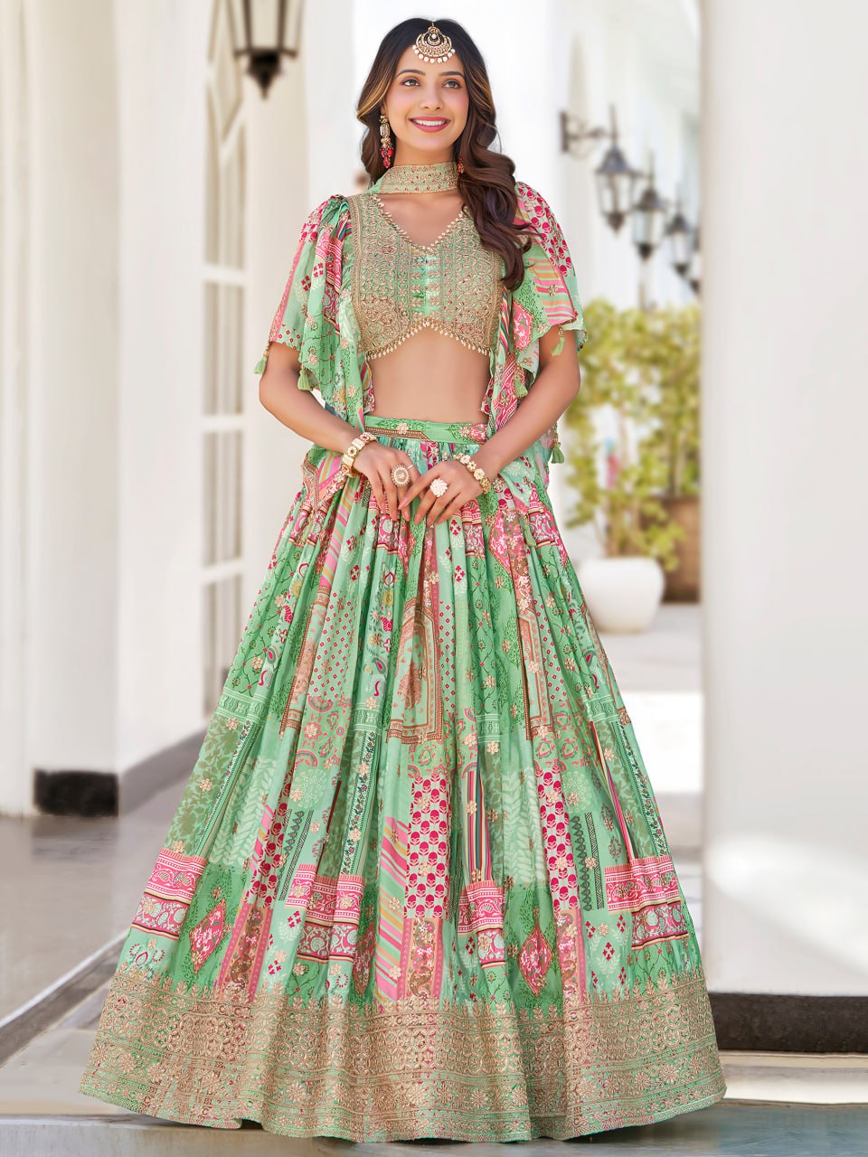 Green color chinon silk lehenga with blouse