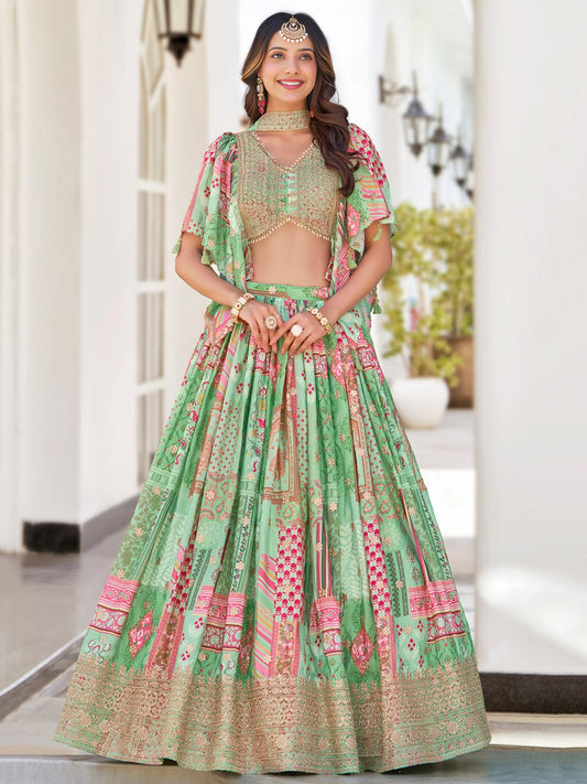 Green color chinon silk lehenga with blouse