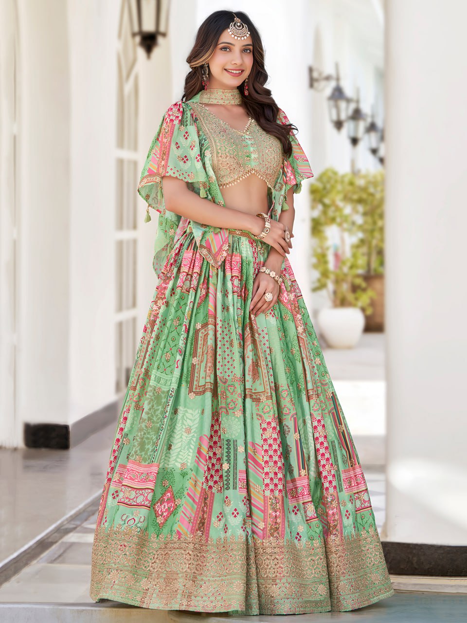 Green color chinon silk lehenga