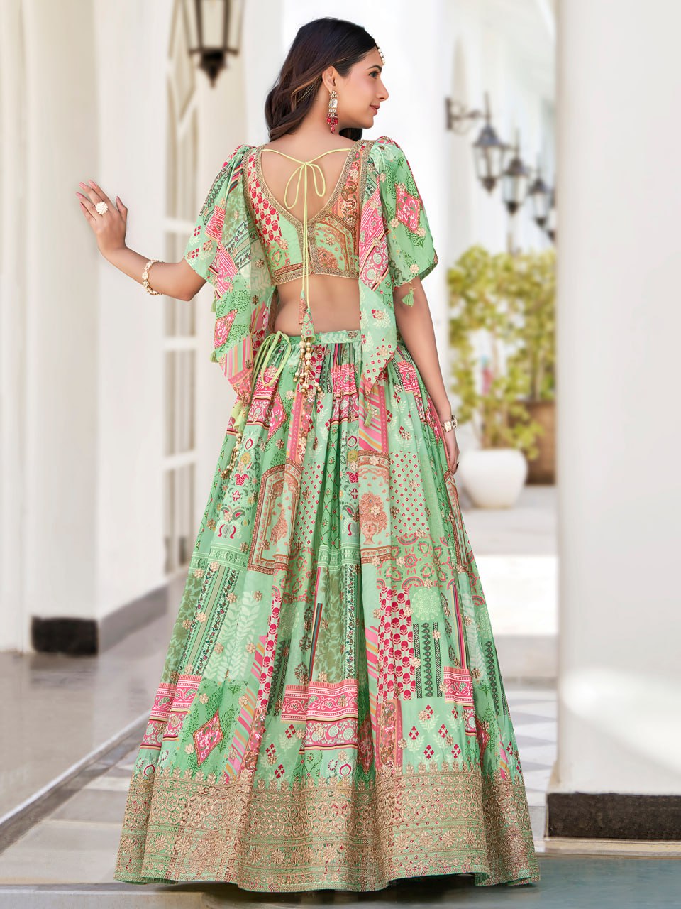 Green chinon silk ghagra choli in USA