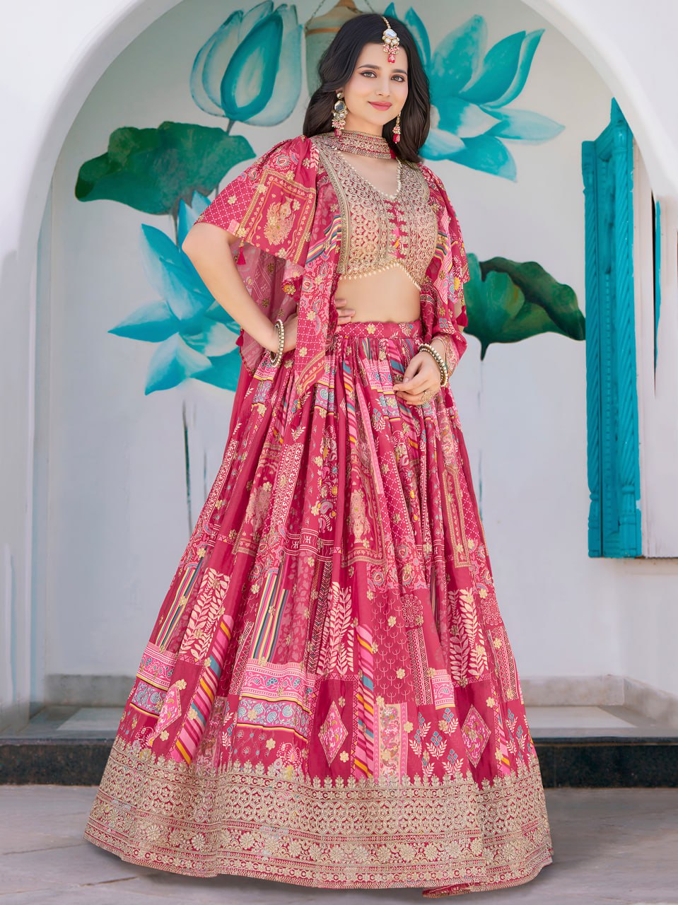 Pink embroidery work lehenga
