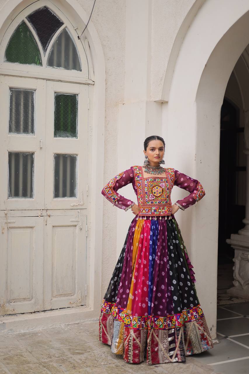 Garba wear multi color lehenga with top