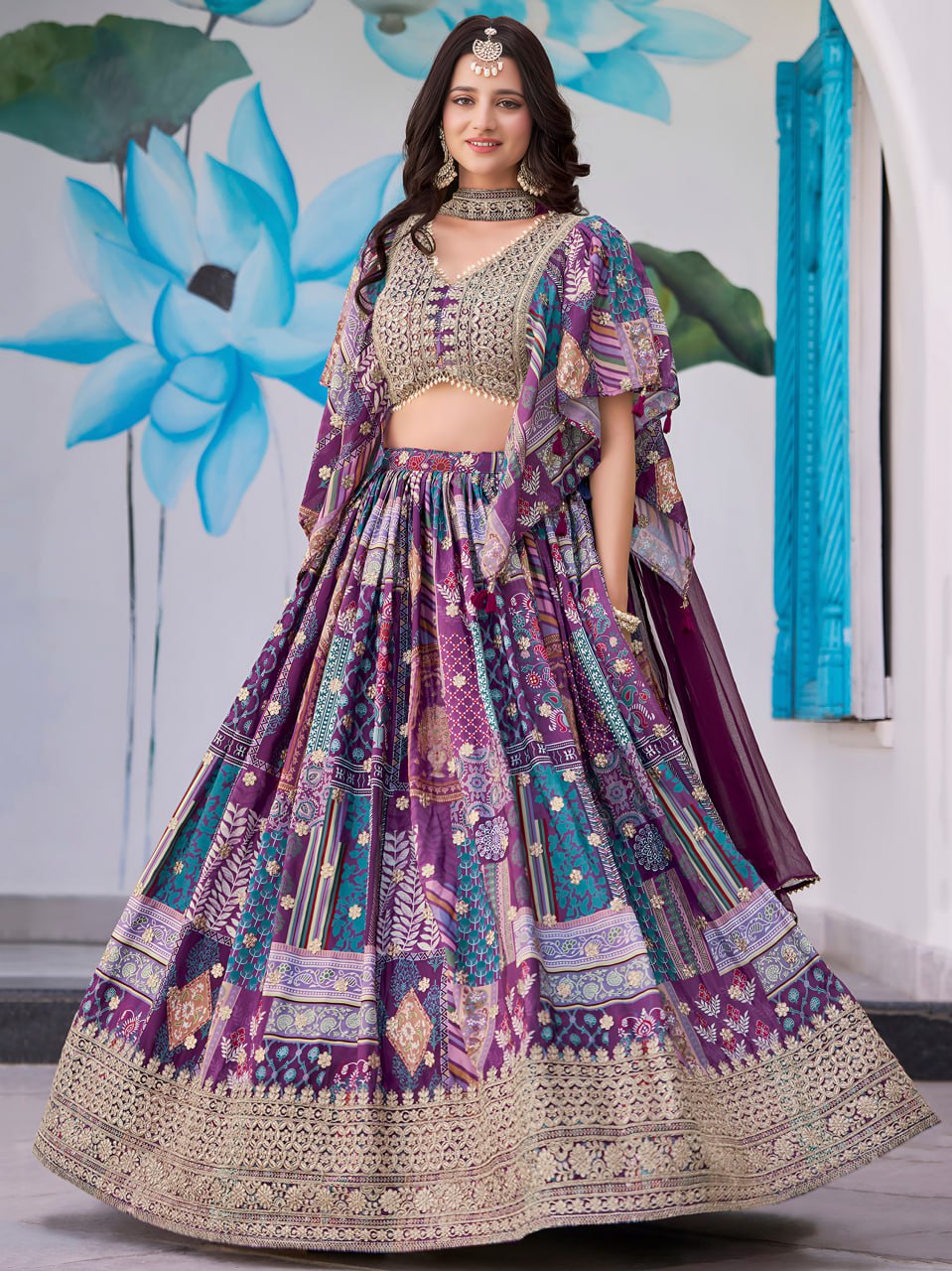Purple silk printed lehenga with price