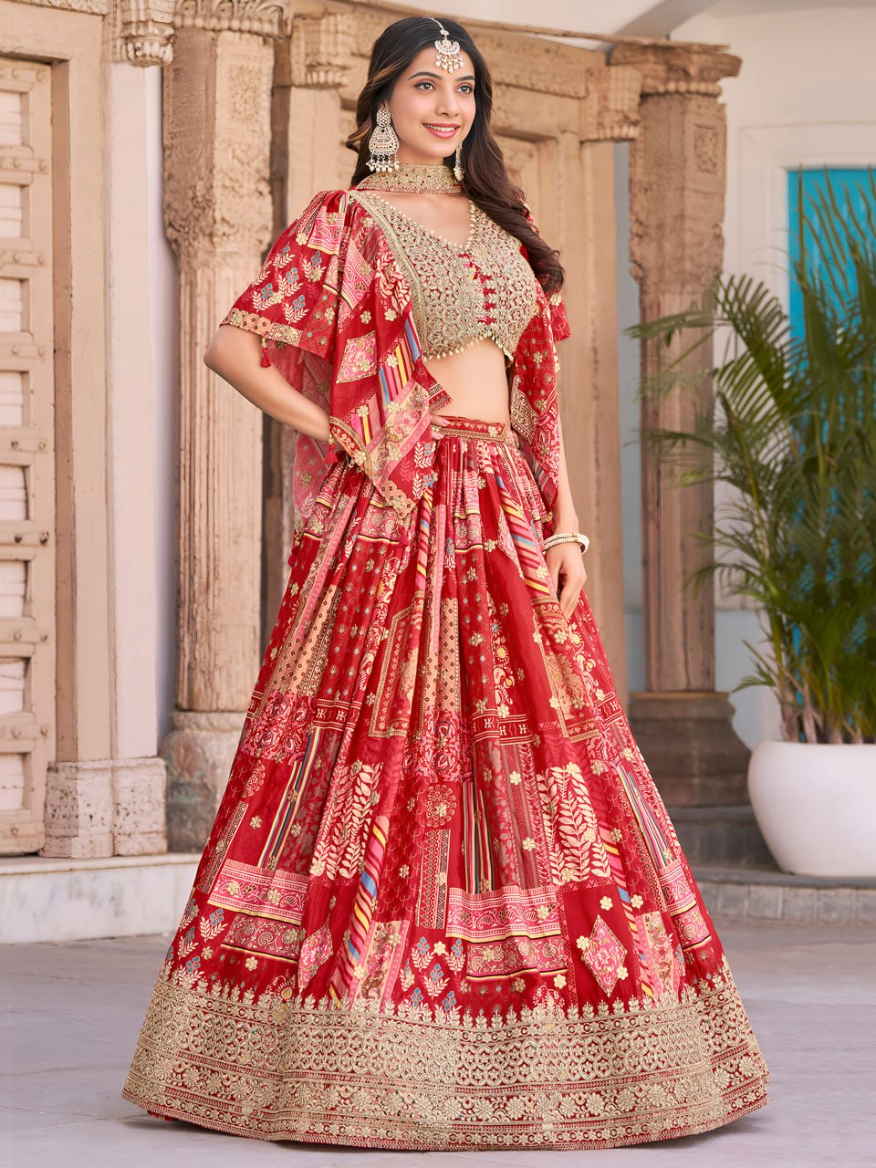 Red chinon silk lehenga choli for women