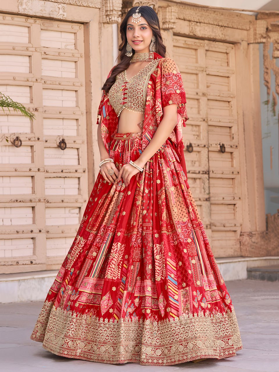Red color chinon silk lehenga