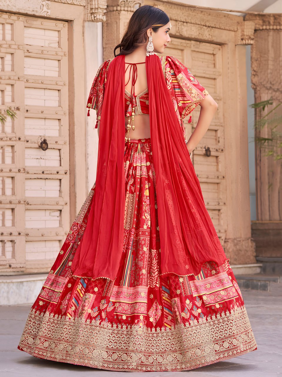 Red chinon silk lehenga choli with dupatta