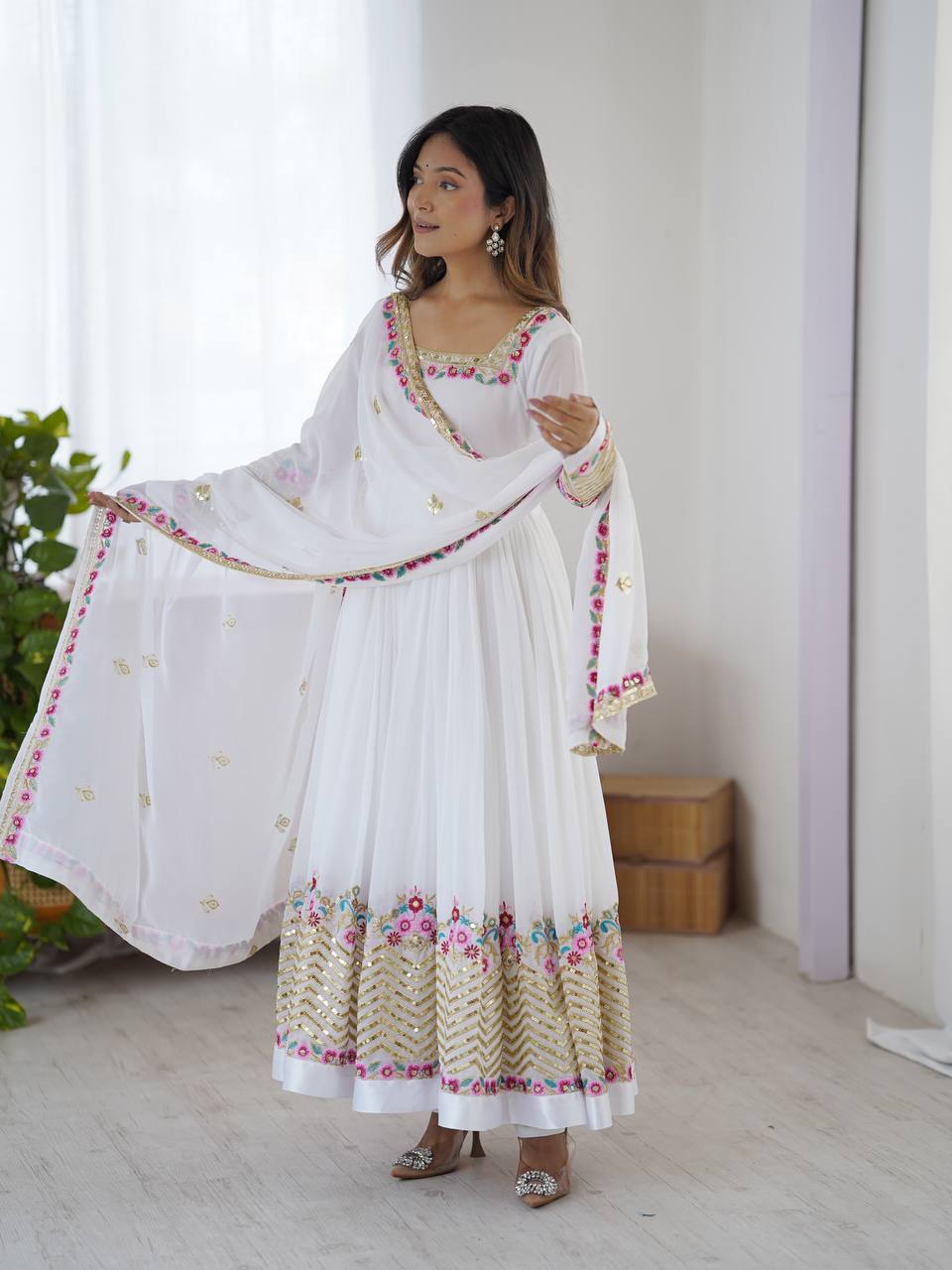 Party wear white color gown with dupatta