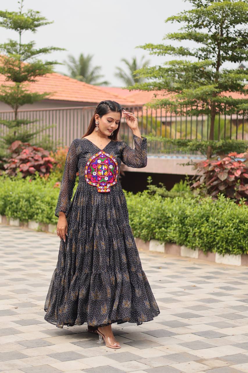 Gamthi work black gown for women