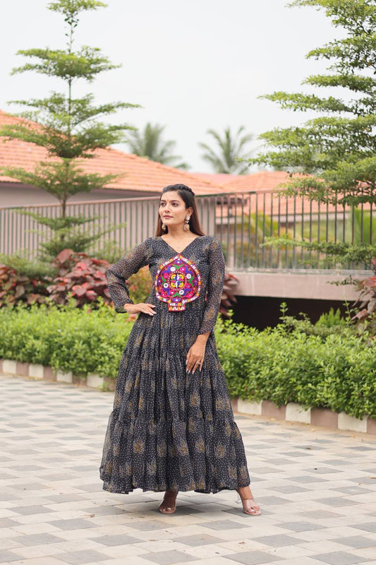 Black color georgette gown for navratri online shopping