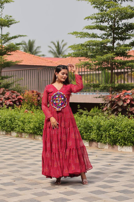 Red color georgette gown for navratri online shopping