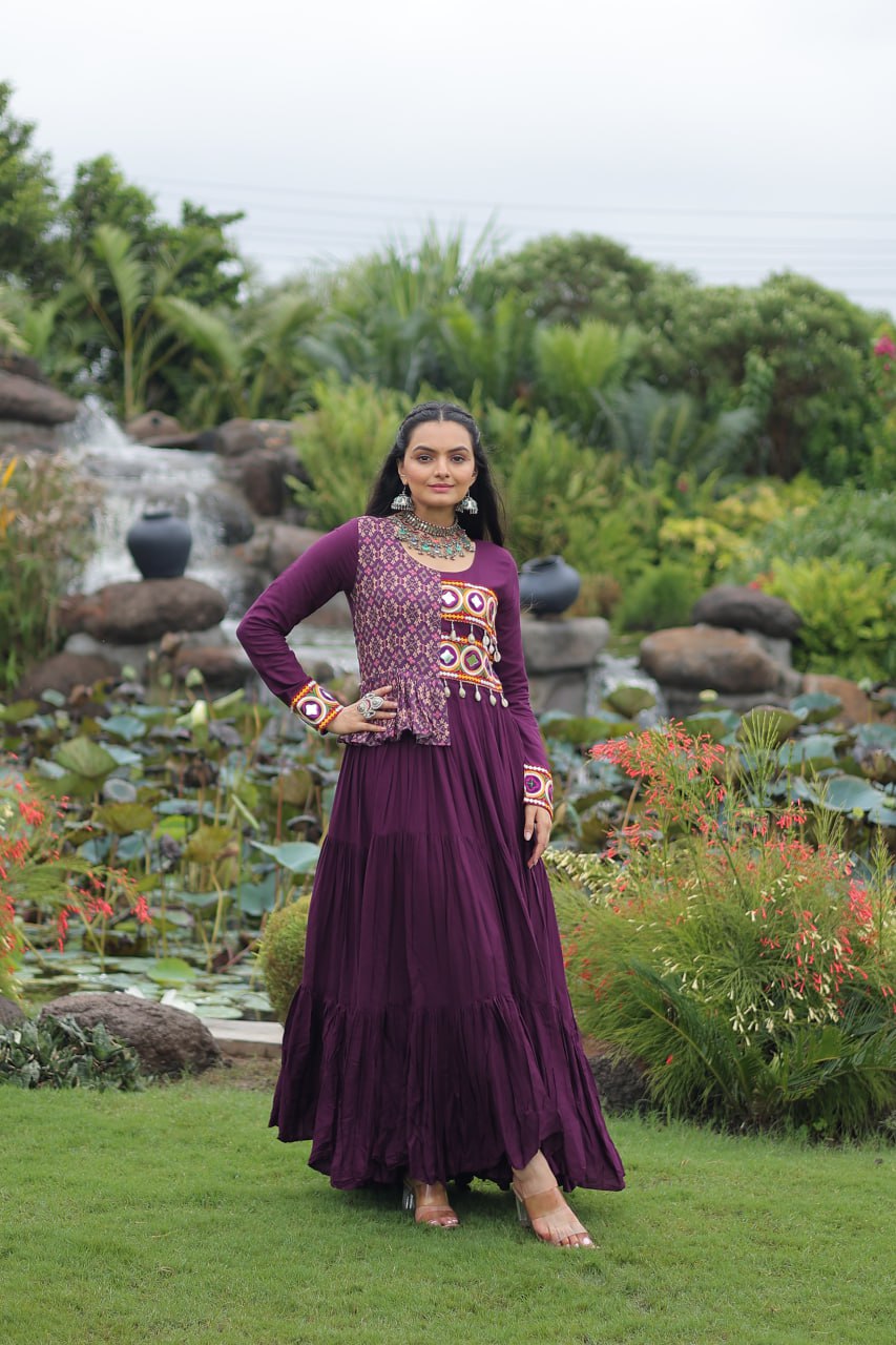 Maxi women wine color rayon gown for navratri