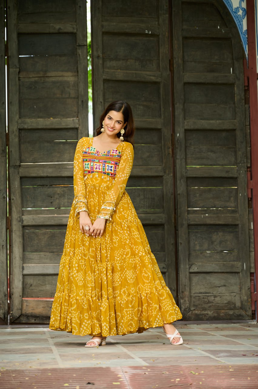 Yellow Georgette Bandhani Printed Gown For Navratri Ragthm Yellow Georgette Bandhani Printed Gown For Navratri Ragthm