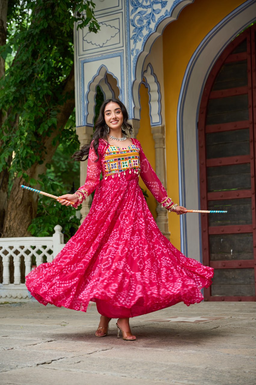 Pink color kutchi work gown for garba