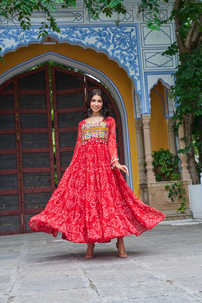 Red color georgette gown for garba